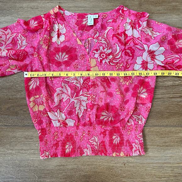 Joie Semi Sheer Pink Floral Top Womens Sz Medium Smocked Waist Cottagecore Boho - Picture 7 of 12